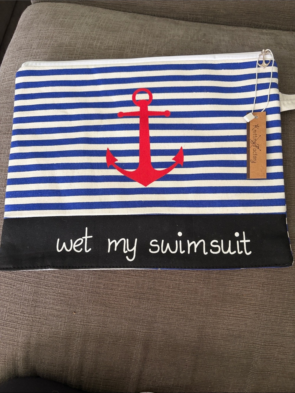 Nautical Striped Wristlet Pouch with Anchor Charm - Blue & White